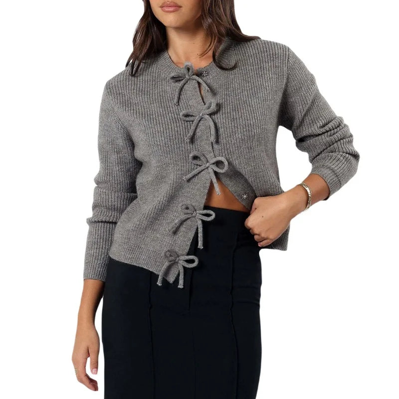 Crew Neck Long Sleeve Bow Tie Front Ribbed Knit Cardigan 11