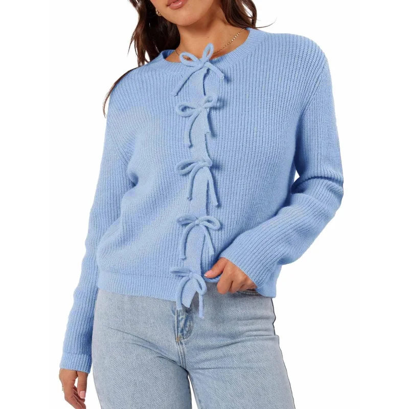 Crew Neck Long Sleeve Bow Tie Front Ribbed Knit Cardigan 7