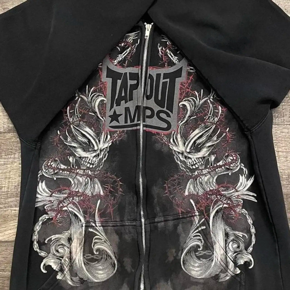 Skull and Chain Graphic Print Washed Zip Front Hoodie 3