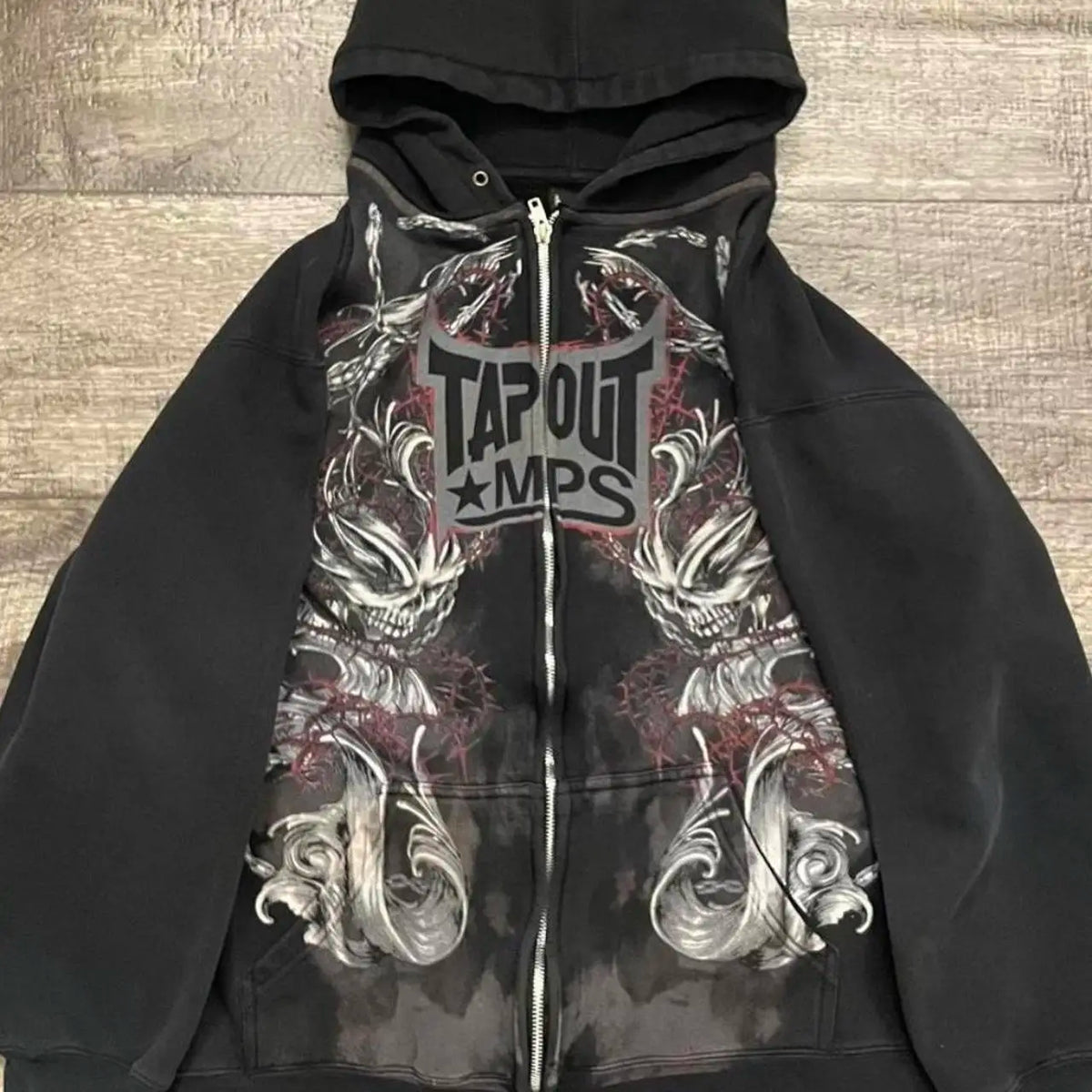 Skull and Chain Graphic Print Washed Zip Front Hoodie
