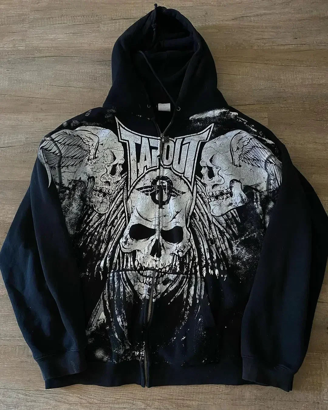 Winged Skull Graphic Print Oversized Zip Front Hoodie 6
