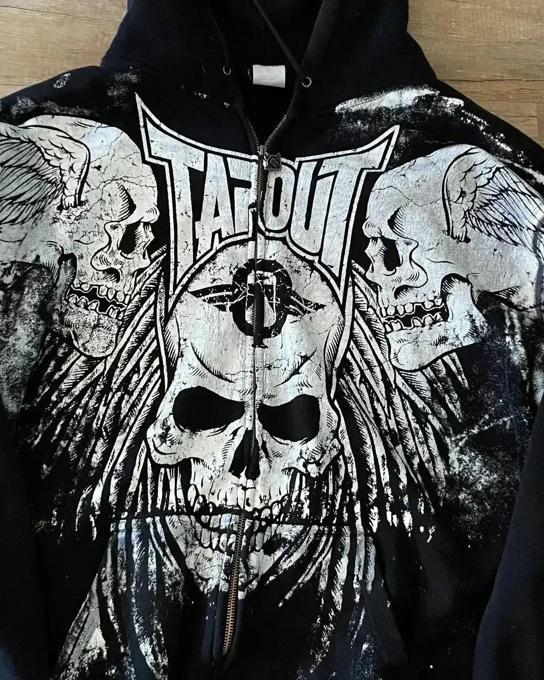 Winged Skull Graphic Print Oversized Zip Front Hoodie 5