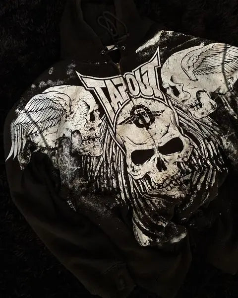 Winged Skull Graphic Print Oversized Zip Front Hoodie 2