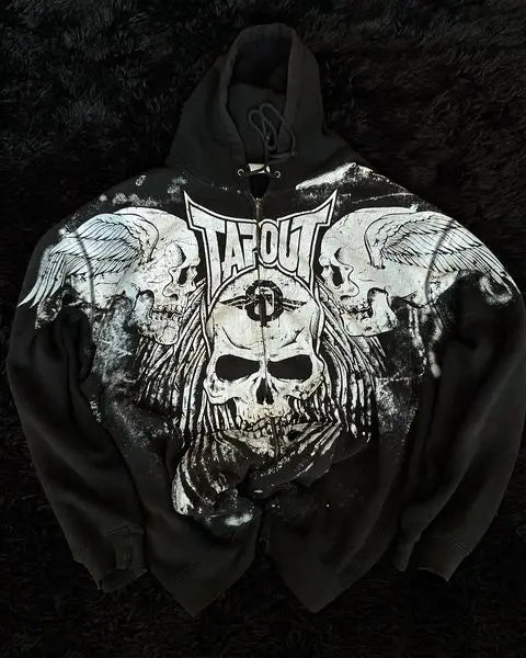 Winged Skull Graphic Print Oversized Zip Front Hoodie