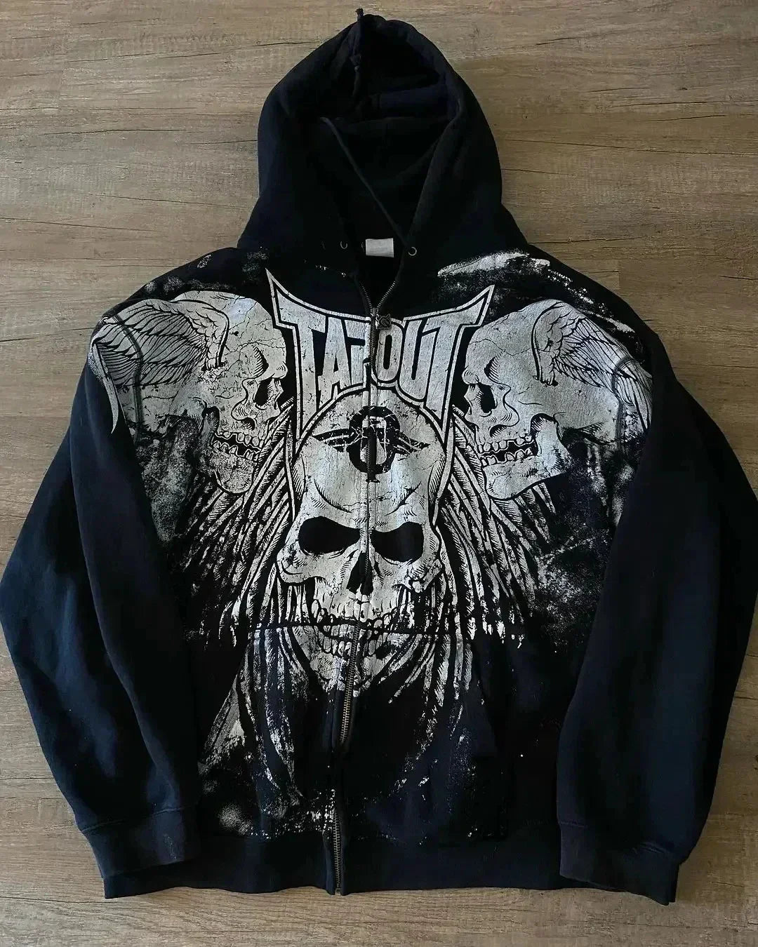 Winged Skull Graphic Print Oversized Zip Front Hoodie 4