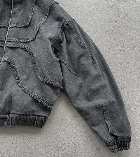 Washed Denim-look Frayed Curved Seam Zip Front Oversized Jacket 4
