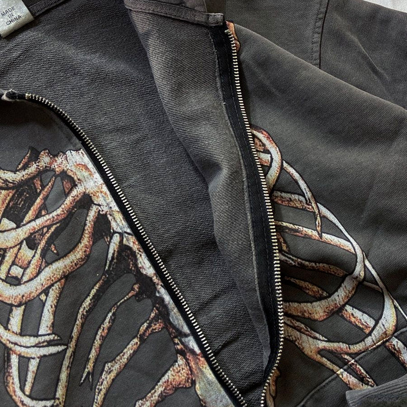 Skeleton Rib Cage Print Zip Front Oversized Hoodie 5