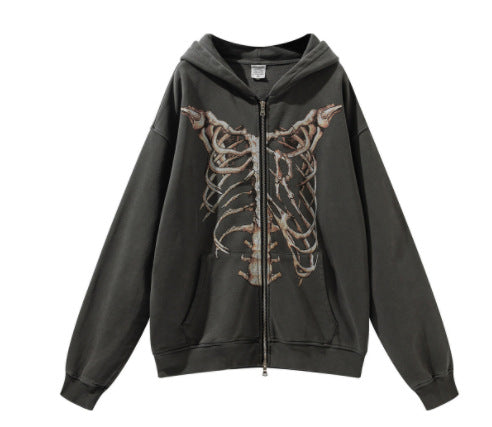 Skeleton Rib Cage Print Zip Front Oversized Hoodie