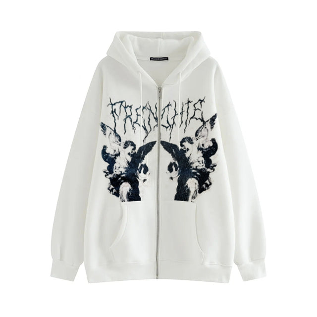 Gothic Punk Skeleton Print Hoody Jacket White / M