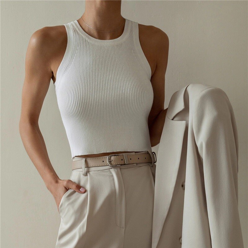 Ribbed Knit Round Neck Sleeveless Cropped Tank Top 12