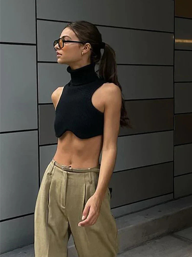 Cropped Turtleneck Black Crop Tank Top