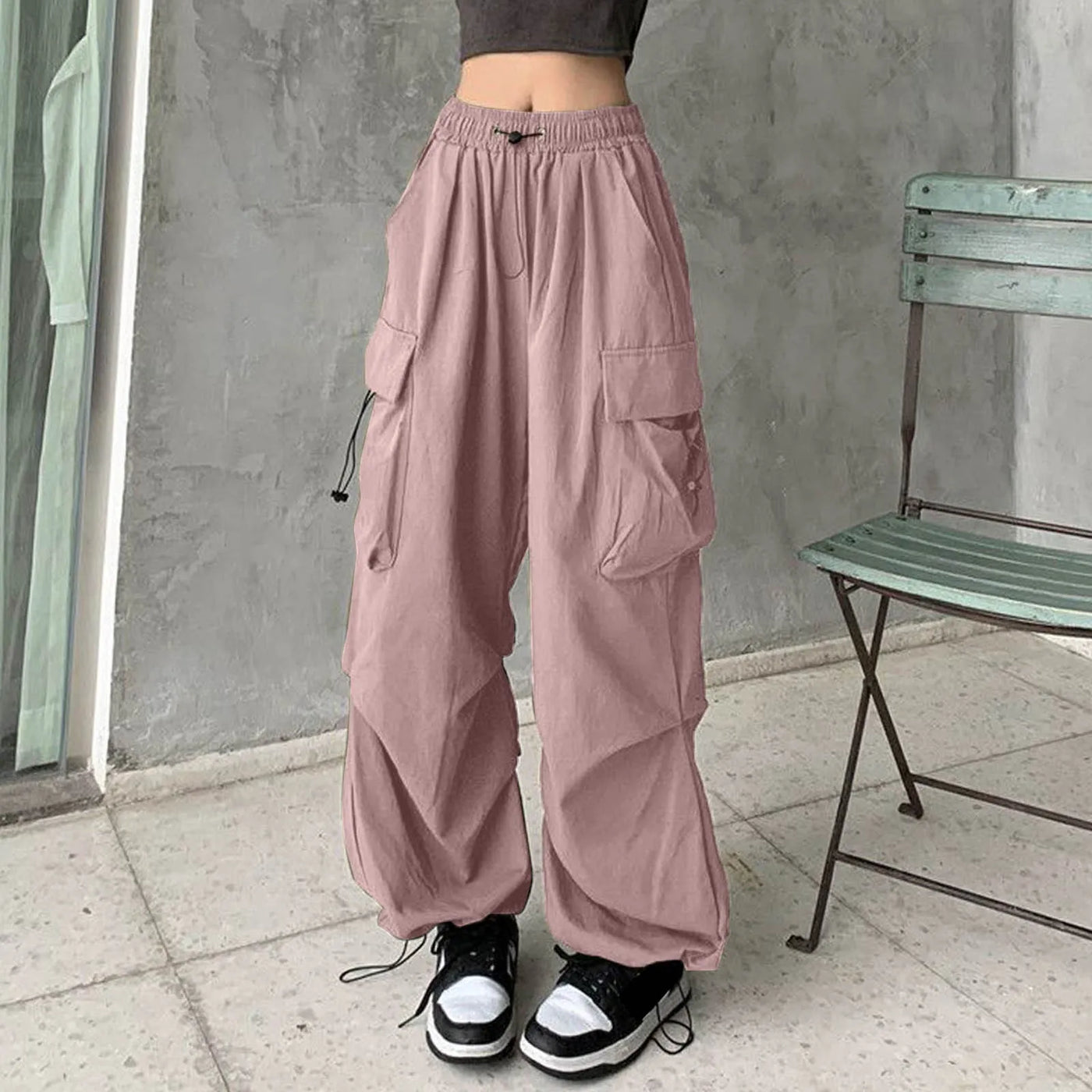 Y2K Cargo Drawstring Pleated Wide Pants red 3 / S