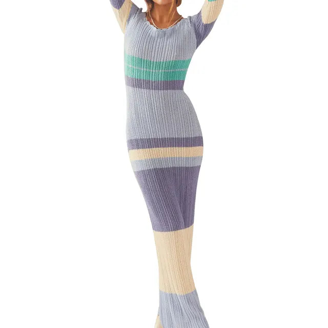 Striped Ribbed Knit Off Shoulder Long Sleeve Bodycon Maxi Dress 7