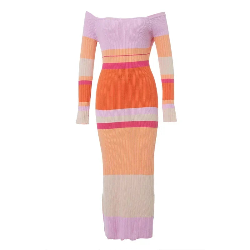 Striped Ribbed Knit Off Shoulder Long Sleeve Bodycon Maxi Dress 6