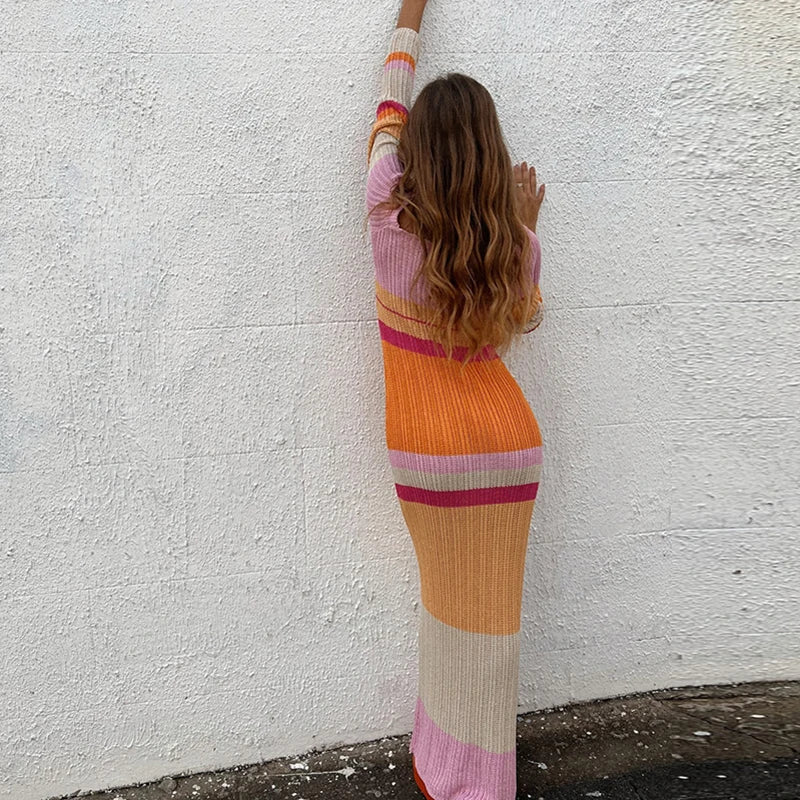 Striped Ribbed Knit Off Shoulder Long Sleeve Bodycon Maxi Dress 5