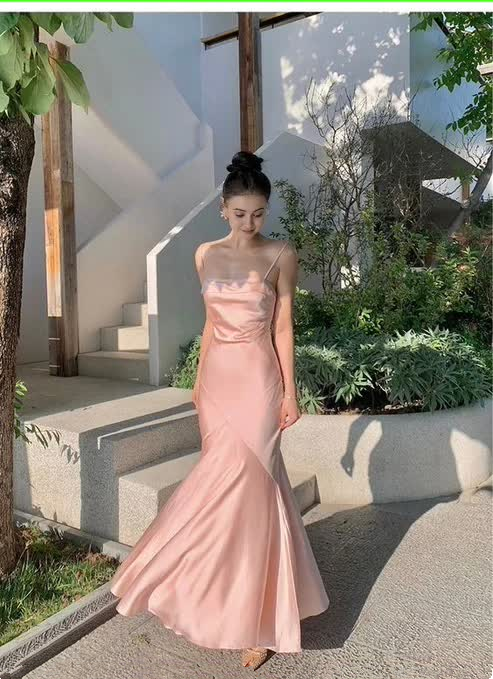 Elegant Straps Pink Satin Mermaid Evening Dress Formal Prom Dress cc1983