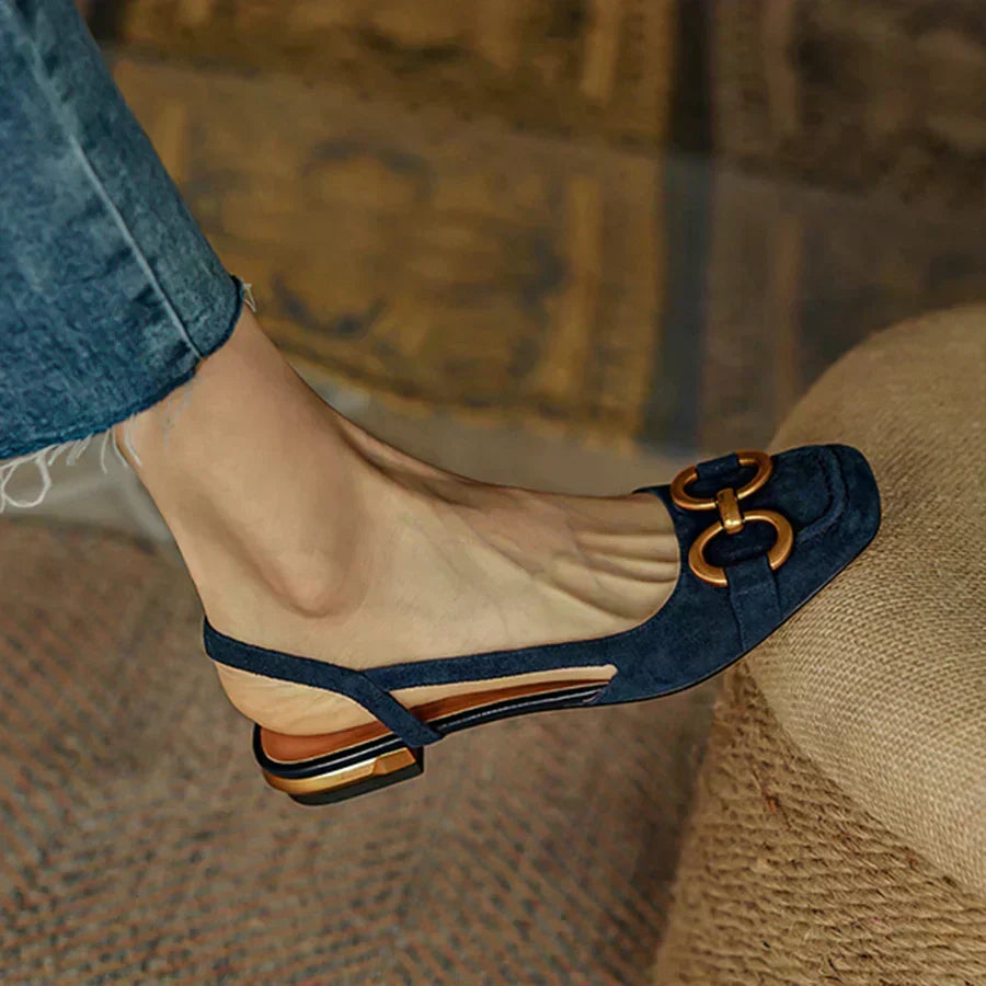 Metal Buckle Square Toe Slingback Low Heel Flats