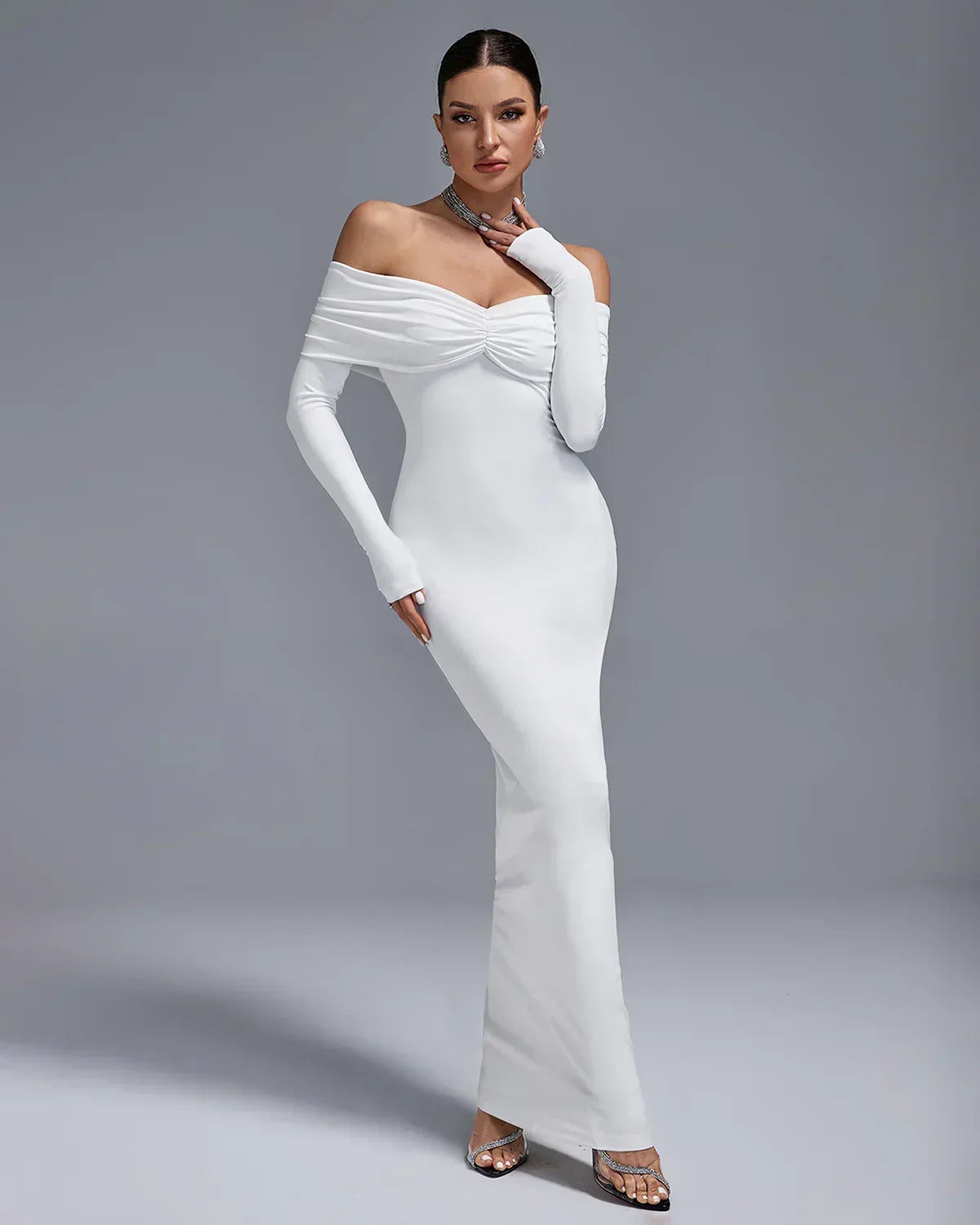 Off Shoulder Ruched Fold Long Sleeve Mermaid Maxi Dress 8