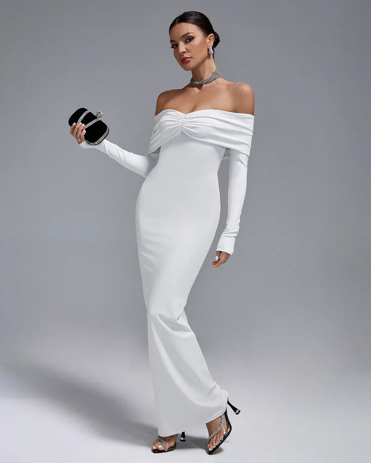 Off Shoulder Ruched Fold Long Sleeve Mermaid Maxi Dress 7