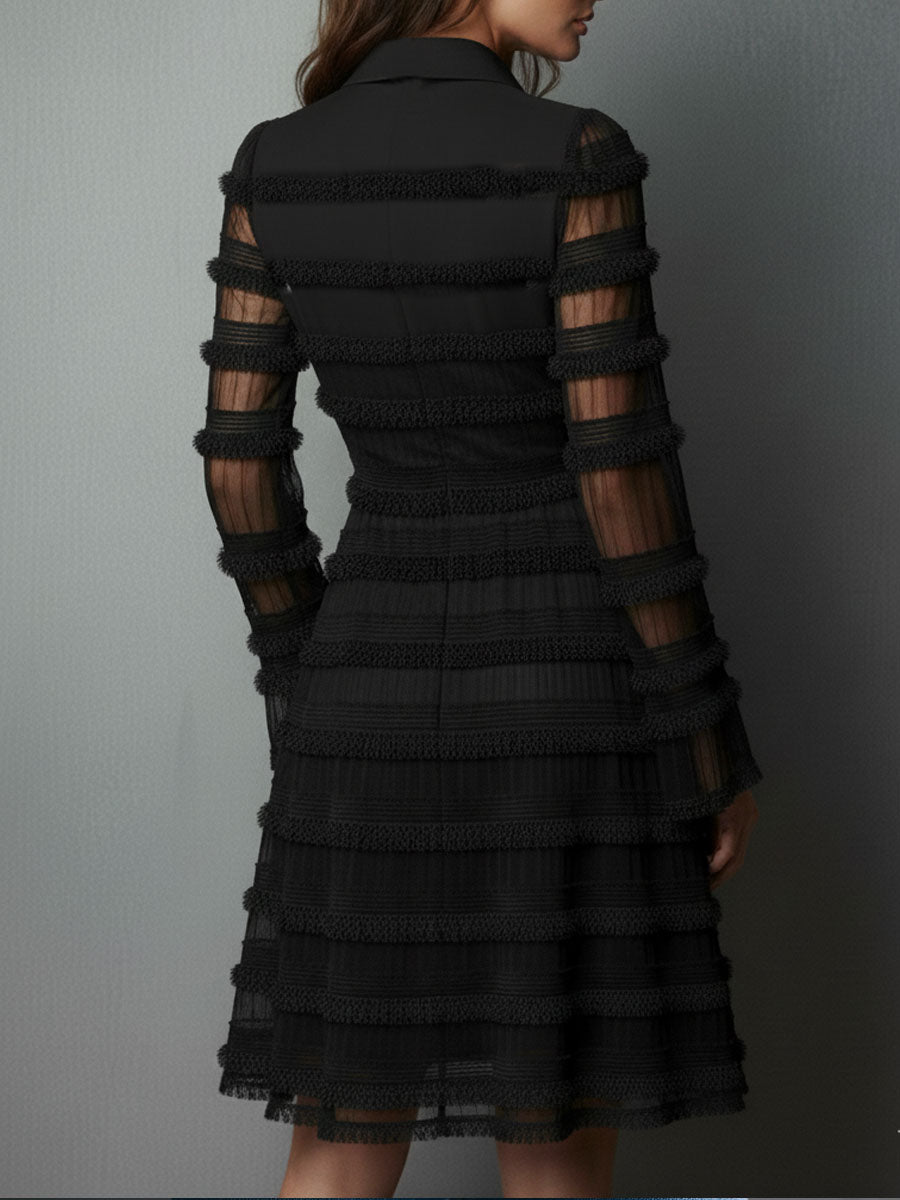 Collared Long Sleeve Fringe Tiered Mini Dress 5