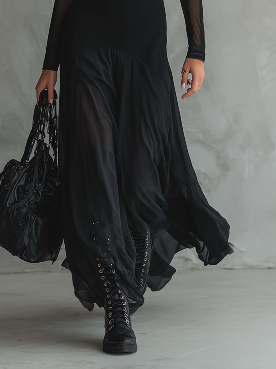 Sheer Mesh Long Sleeve Square Neck Maxi Dress