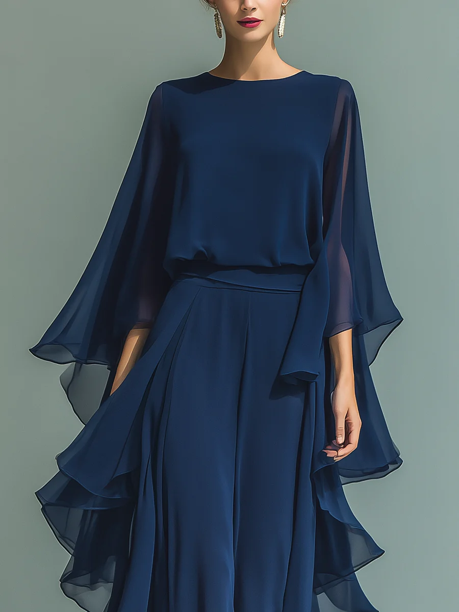 Round Neck Cape Sleeve Ruffle Wide Leg Jumpsuit