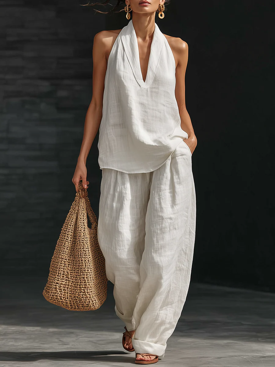 Halter Deep V-Neck Sleeveless Top and Wide Leg Pants Two Piece Set