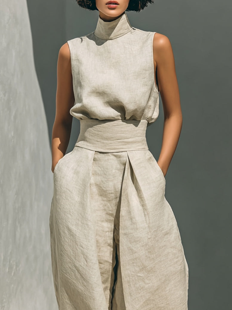 Sleeveless High Neck Top and Wide Leg Pants Two Piece Set