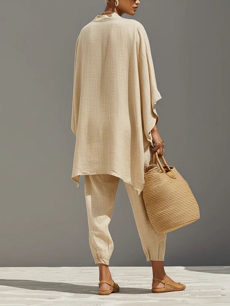 Linen Look V-Neck Batwing Sleeve Top and Tapered Pants Two Piece Set