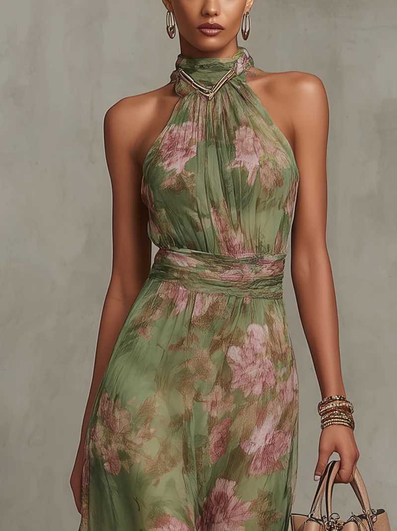 Floral Halter Neck Chiffon Maxi Dress 3