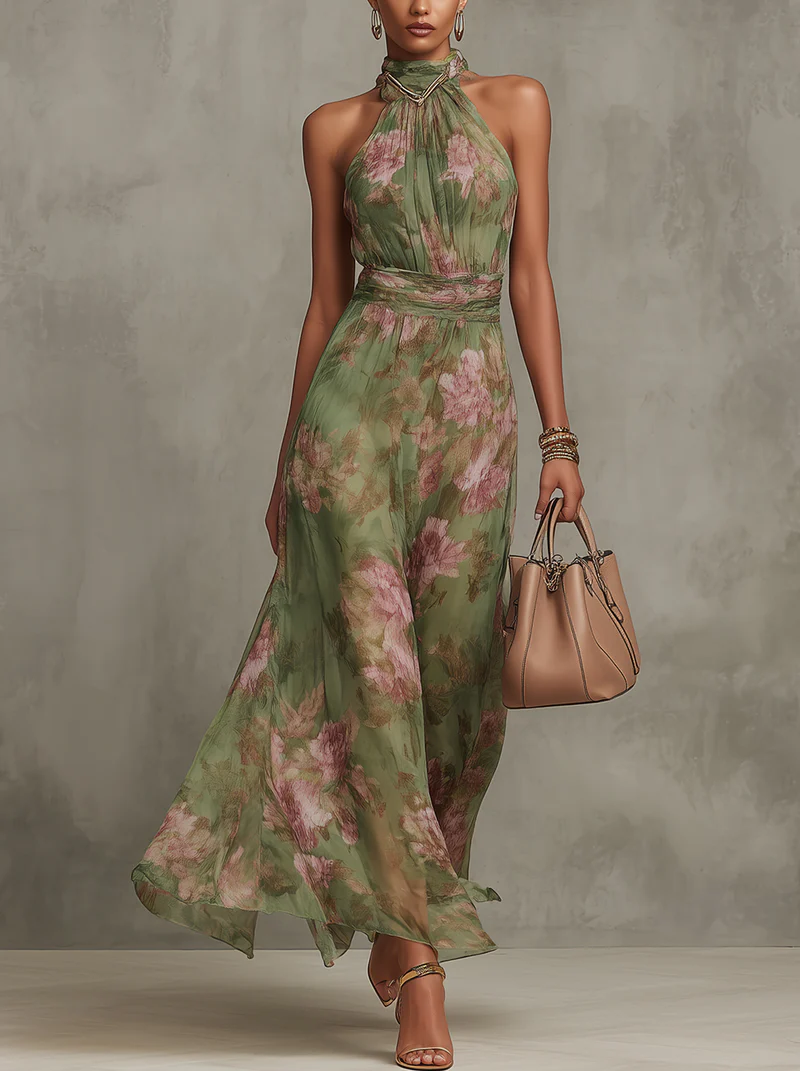 Floral Halter Neck Chiffon Maxi Dress
