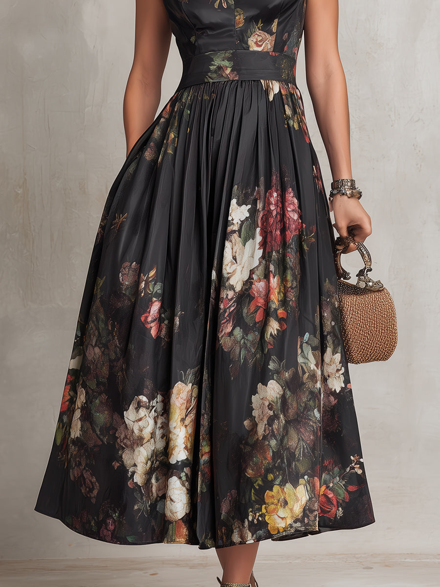 Floral Satin Keyhole High Neck Pleated Midi Dress Cocktail