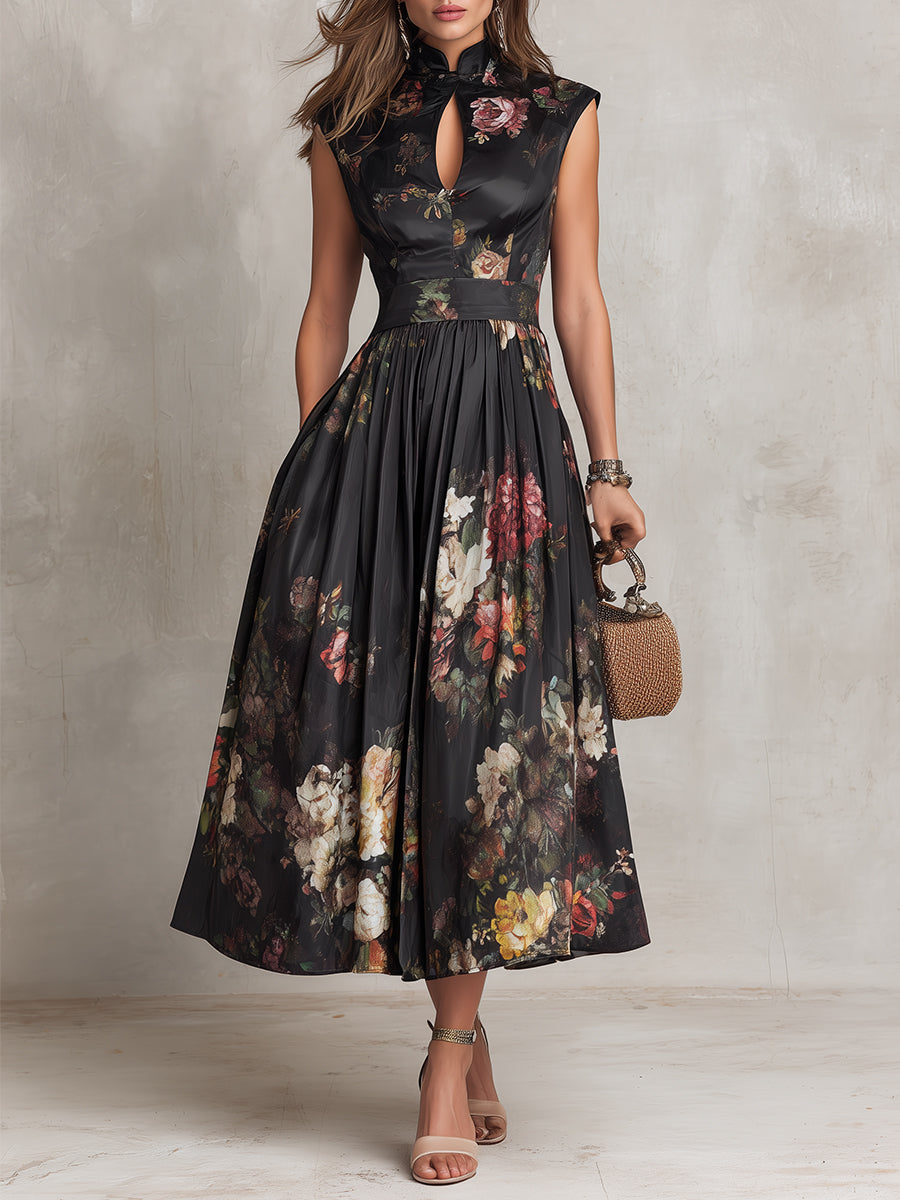 Floral Satin Keyhole High Neck Pleated Midi Dress Cocktail