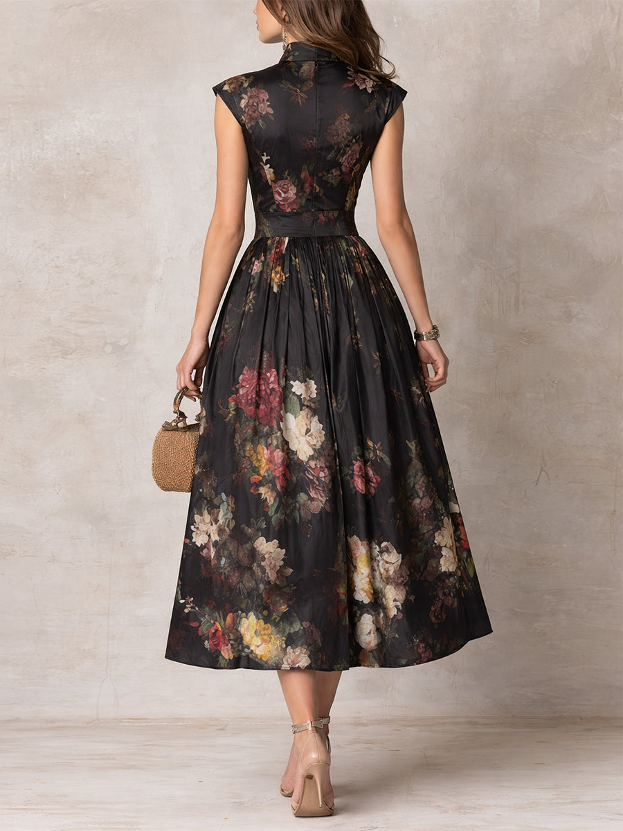 Floral Satin Keyhole High Neck Pleated Midi Dress Cocktail