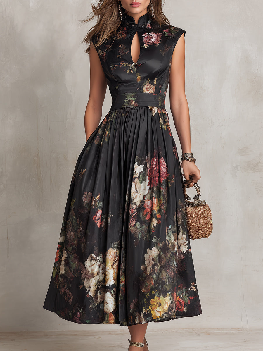 Floral Satin Keyhole High Neck Pleated Midi Dress Cocktail