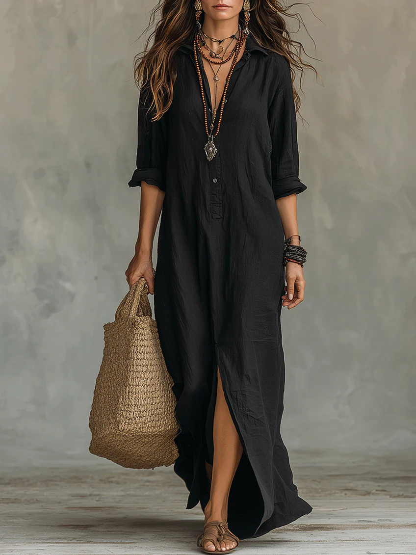 Collared Button Front Long Sleeve High Split Shirt Maxi Dress