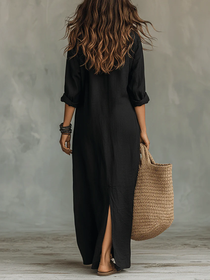 Collared Half Placket Long Sleeve Side Slit Maxi Shirt Dress