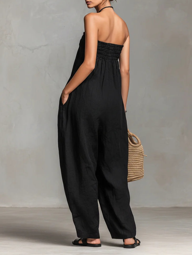 Strapless Smocked Drawstring Wide Leg Jumpsuit