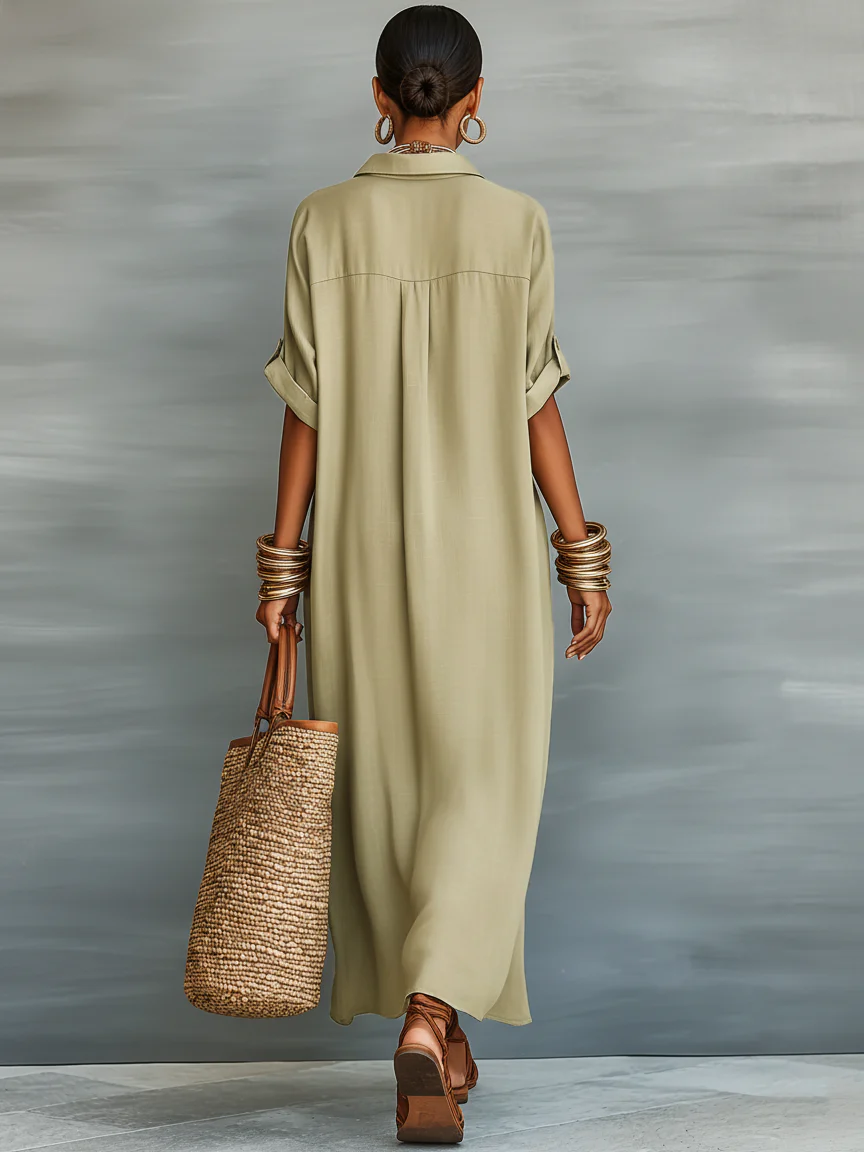 Collared Button Front Long Sleeve Linen Look Shirt Maxi Dress