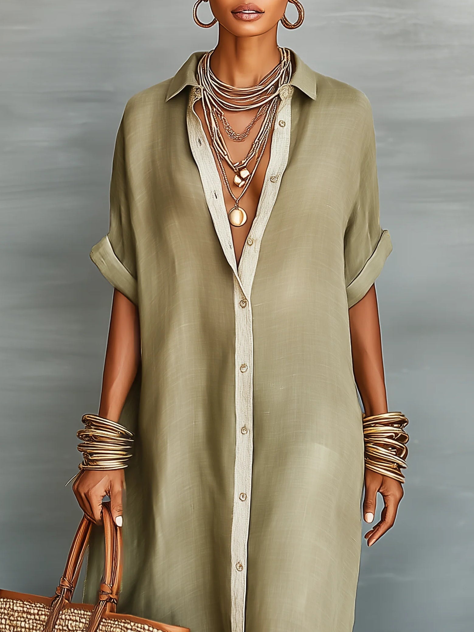 Collared Button Front Long Sleeve Linen Look Shirt Maxi Dress
