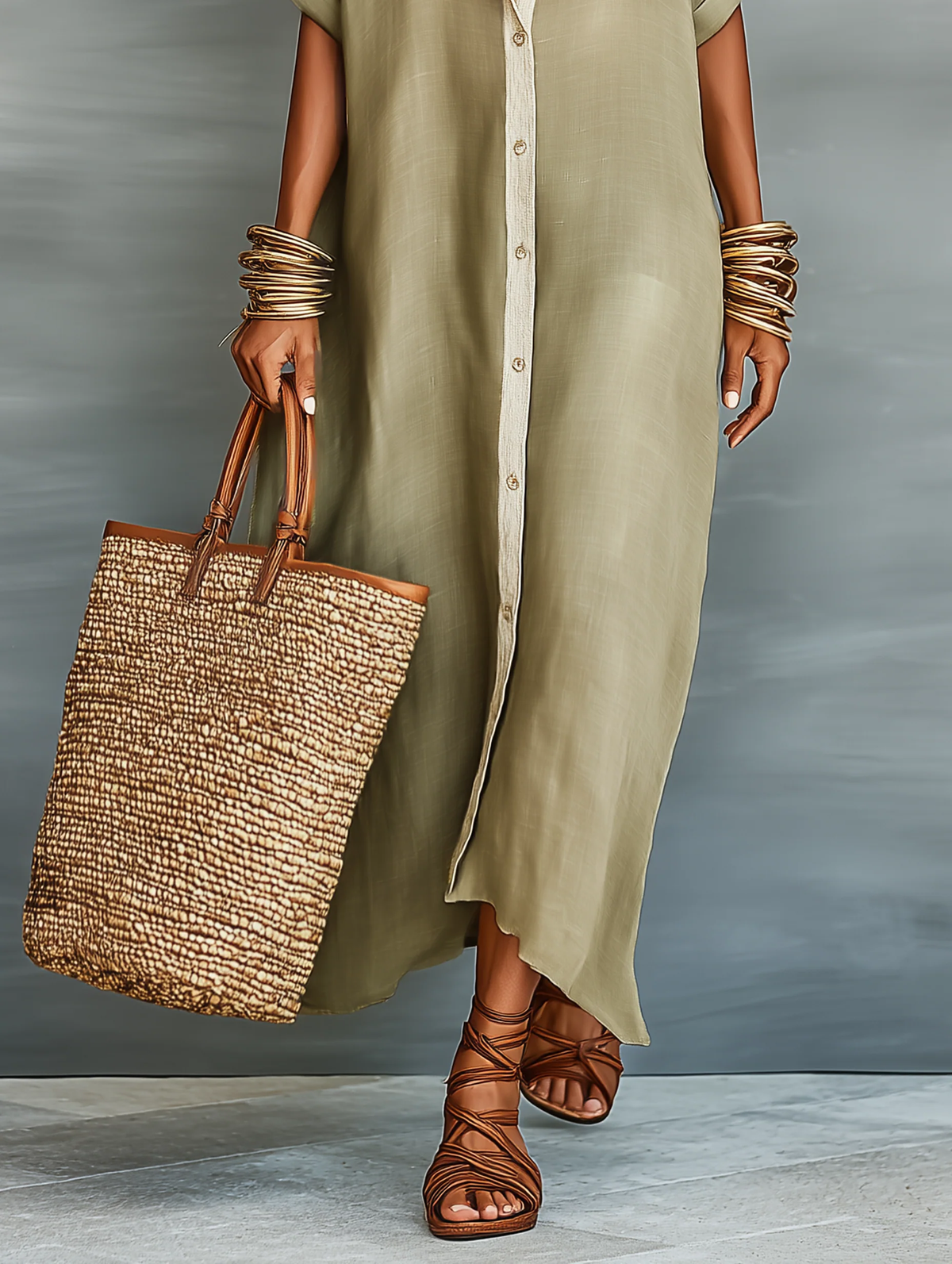 Collared Button Front Long Sleeve Linen Look Shirt Maxi Dress