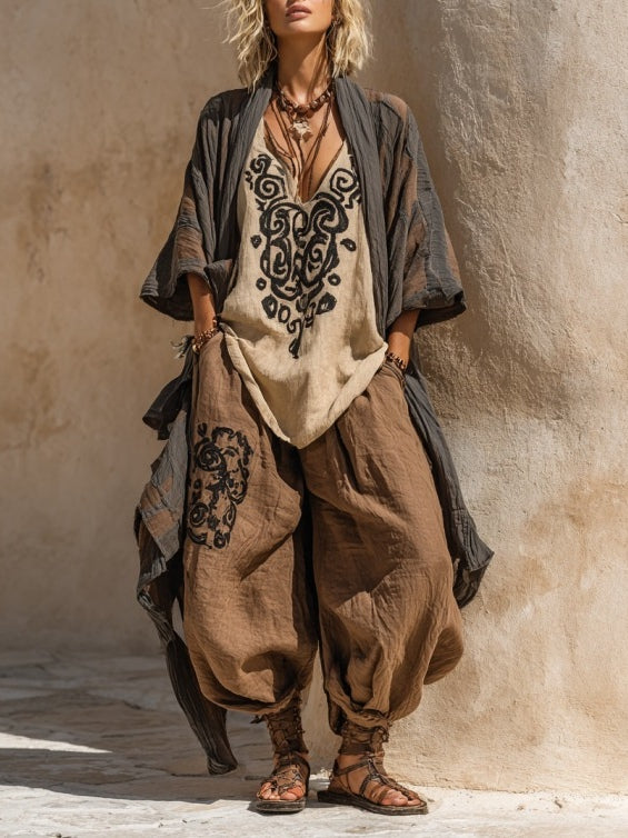 Embroidered Tank Harem Pants and Duster Three Piece Set