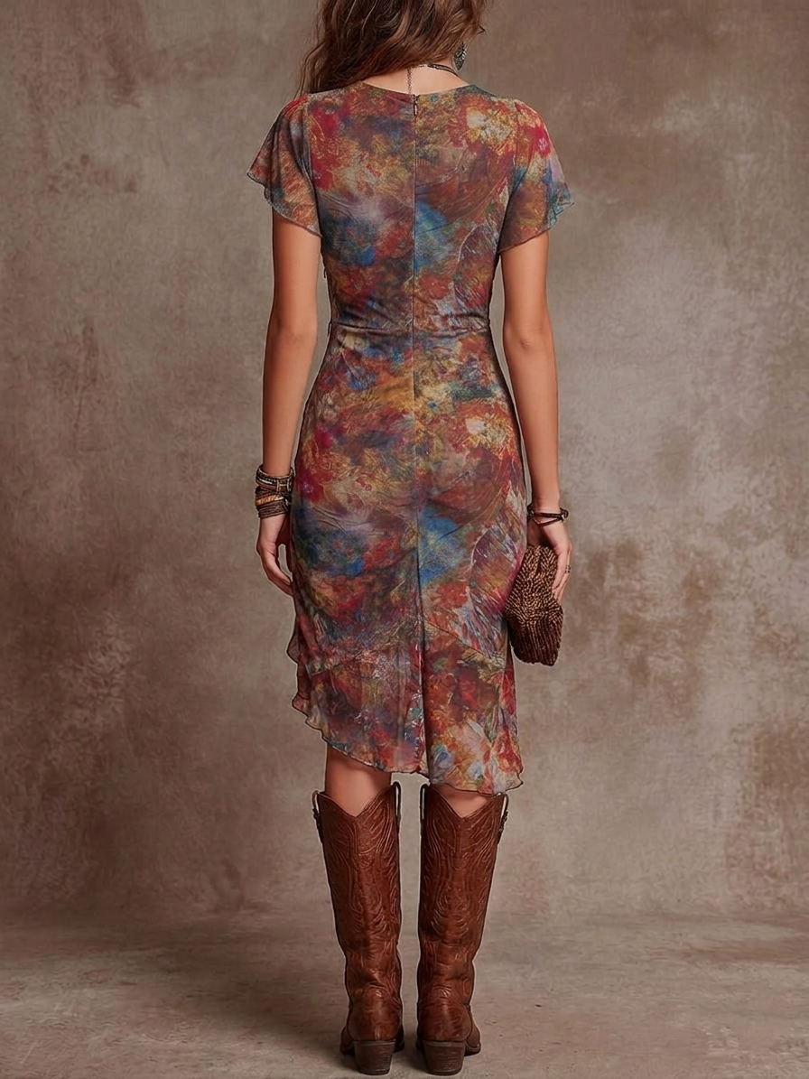 Deep V-Neck Short Sleeve Ruched High Split Midi Dress 3