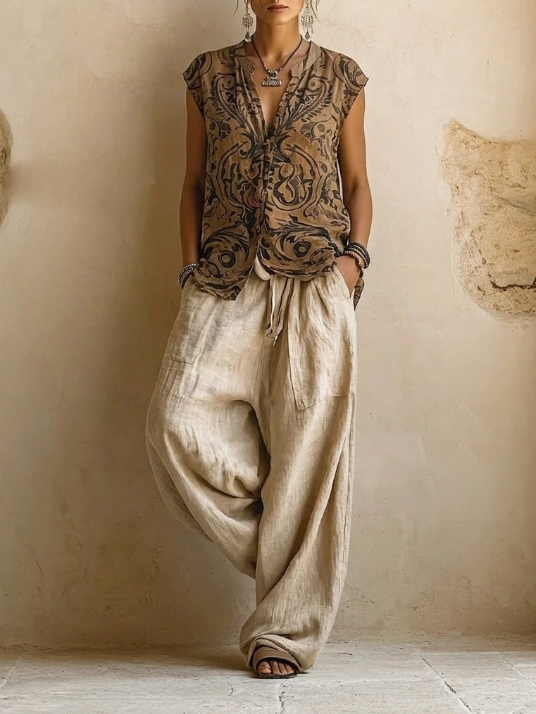 Linen Look Duster Coat Printed Top and Wide Leg Pants Set