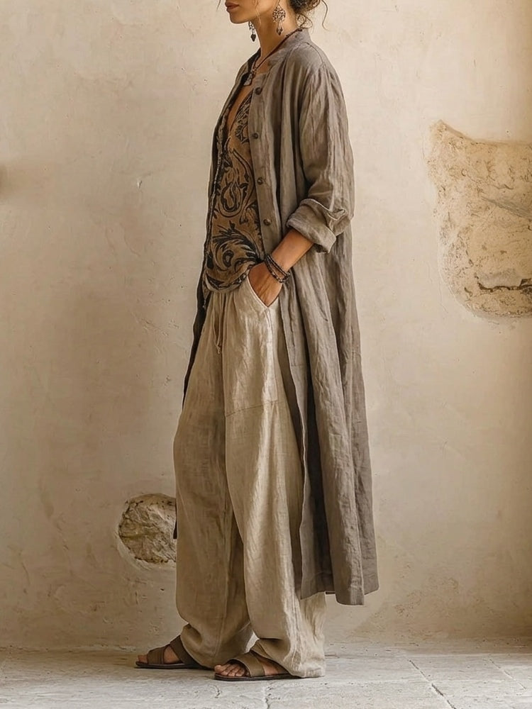 Linen Look Duster Coat Printed Top and Wide Leg Pants Set