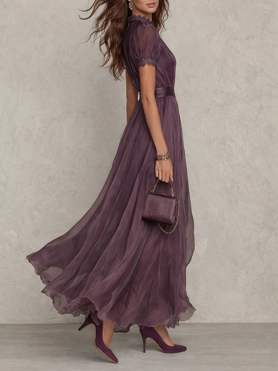 Chiffon Keyhole Puff Sleeve Lace Trim Maxi Gown 2