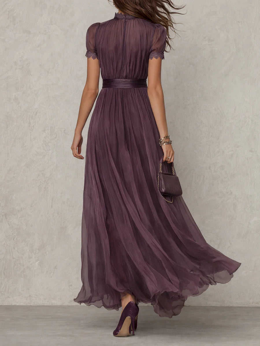 Chiffon Keyhole Puff Sleeve Lace Trim Maxi Gown 3