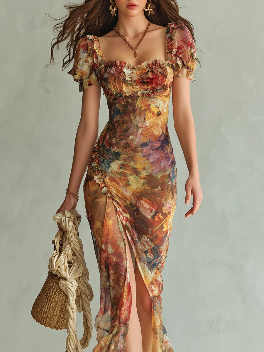 Floral Square Neck Puff Sleeve Ruched High Split Maxi Dress