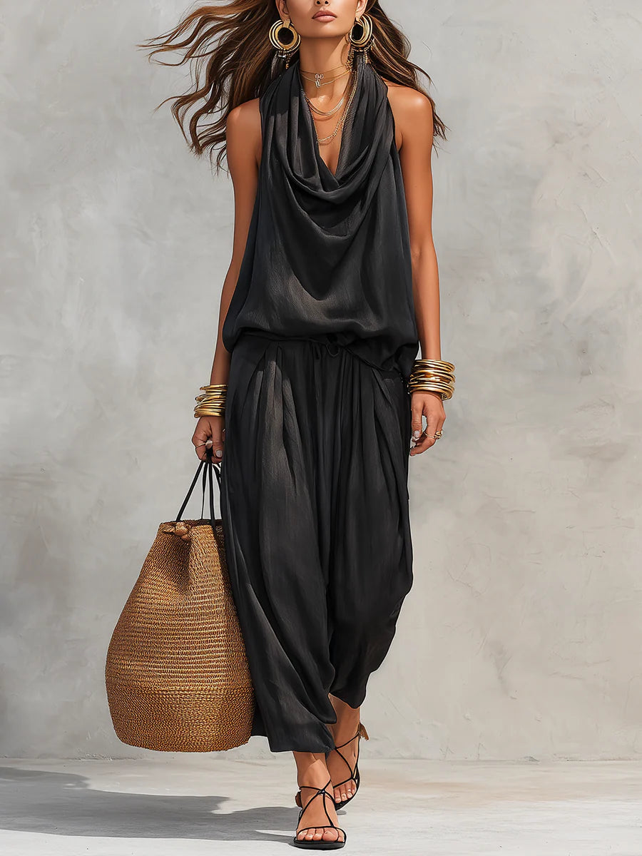 Halter Neck Cowl Neck Sleeveless Wide Leg Jumpsuit