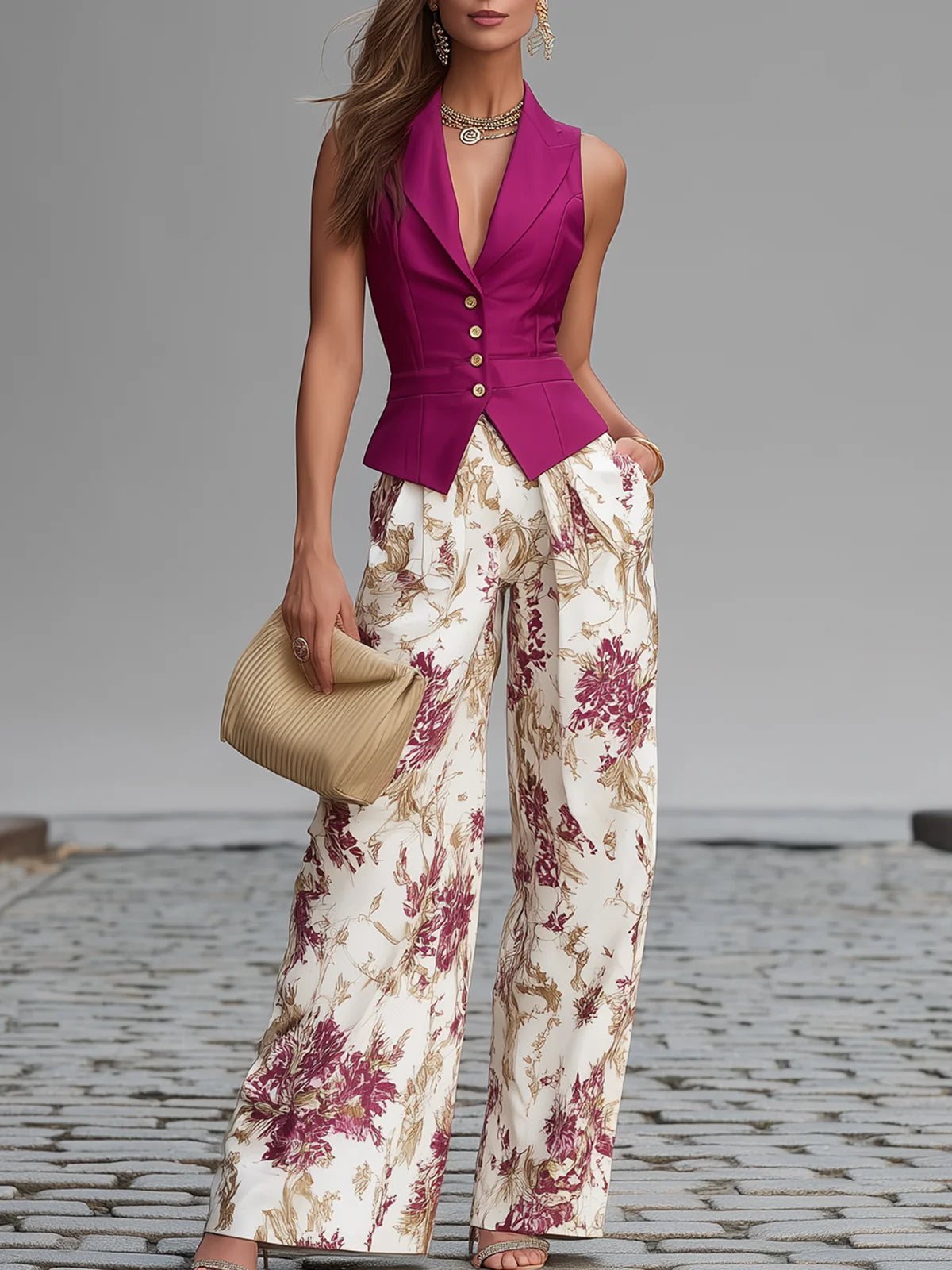 Sleeveless Button Front Vest and Floral Wide Leg Pants Two Piece Set
